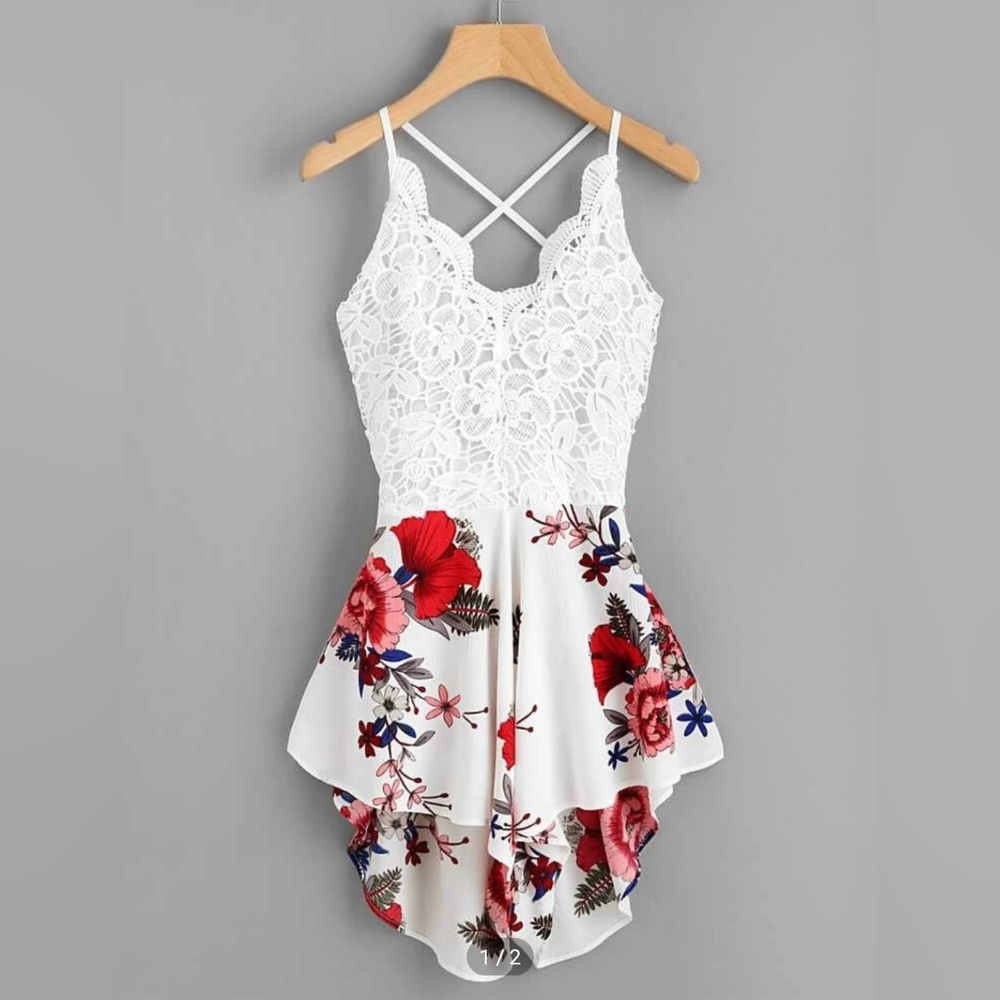 Crochet Lace Floral Print Self-Tie Romper